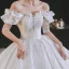 Luxury / Gorgeous White Satin Bridal Wedding Dresses 2021 Ball Gown Off-The-Shoulder 1/2 Sleeves Backless Appliques Lace Handmade  Beading Royal Train Ruffle