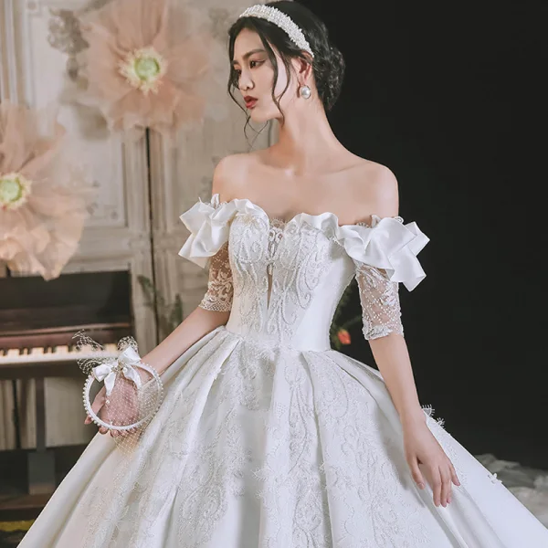 Luxury / Gorgeous White Satin Bridal Wedding Dresses 2021 Ball Gown Off-The-Shoulder 1/2 Sleeves Backless Appliques Lace Handmade Beading Royal Train Ruffle