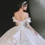 Luxury / Gorgeous White Satin Bridal Wedding Dresses 2021 Ball Gown Off-The-Shoulder 1/2 Sleeves Backless Appliques Lace Handmade  Beading Royal Train Ruffle