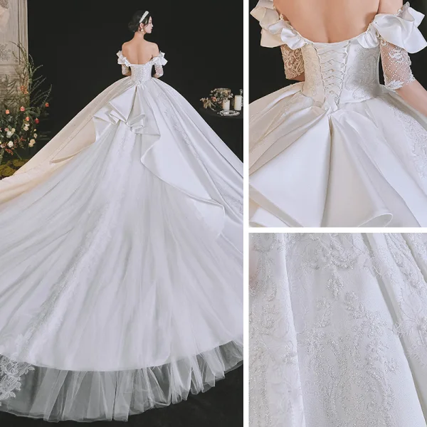 Luxury / Gorgeous White Satin Bridal Wedding Dresses 2021 Ball Gown Off-The-Shoulder 1/2 Sleeves Backless Appliques Lace Handmade Beading Royal Train Ruffle