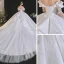 Luxury / Gorgeous White Satin Bridal Wedding Dresses 2021 Ball Gown Off-The-Shoulder 1/2 Sleeves Backless Appliques Lace Handmade  Beading Royal Train Ruffle