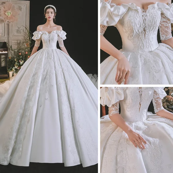 Luxury / Gorgeous White Satin Bridal Wedding Dresses 2021 Ball Gown Off-The-Shoulder 1/2 Sleeves Backless Appliques Lace Handmade Beading Royal Train Ruffle