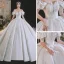 Luxury / Gorgeous White Satin Bridal Wedding Dresses 2021 Ball Gown Off-The-Shoulder 1/2 Sleeves Backless Appliques Lace Handmade  Beading Royal Train Ruffle