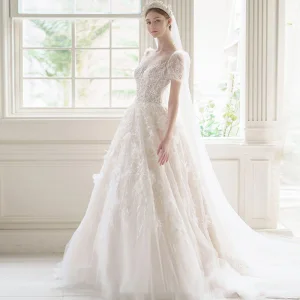 Illusion Champagne La Mariée Robe De Mariée 2021 Princesse Transparentes Encolure Dégagée Gonflée Manches Courtes Dos Nu Appliques En Dentelle Perlage Tribunal Train Volants