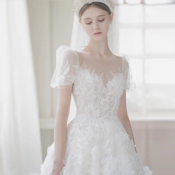 Illusion Champagne La Mariée Robe De Mariée 2021 Princesse Transparentes Encolure Dégagée Gonflée Manches Courtes Dos Nu Appliques En Dentelle Perlage Tribunal Train Volants