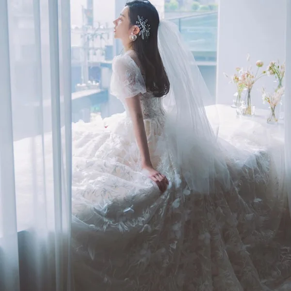 Illusion Champagne La Mariée Robe De Mariée 2021 Princesse Transparentes Encolure Dégagée Gonflée Manches Courtes Dos Nu Appliques En Dentelle Perlage Tribunal Train Volants