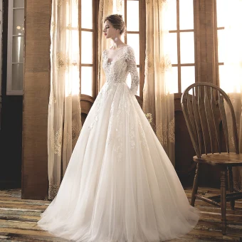 Illusion Champagne Transparentes Robe De Mariée 2019 Princesse Encolure Dégagée 3 4 Manches Dos Nu Appliques En Dentelle Perle Longue Volants