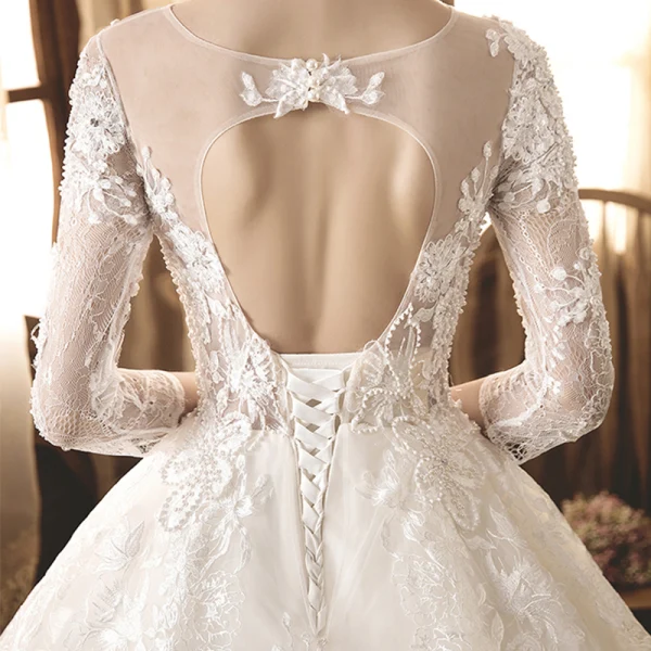 Illusion Champagne Transparentes Robe De Mariée 2019 Princesse Encolure Dégagée 3/4 Manches Dos Nu Appliques En Dentelle Perle Longue Volants