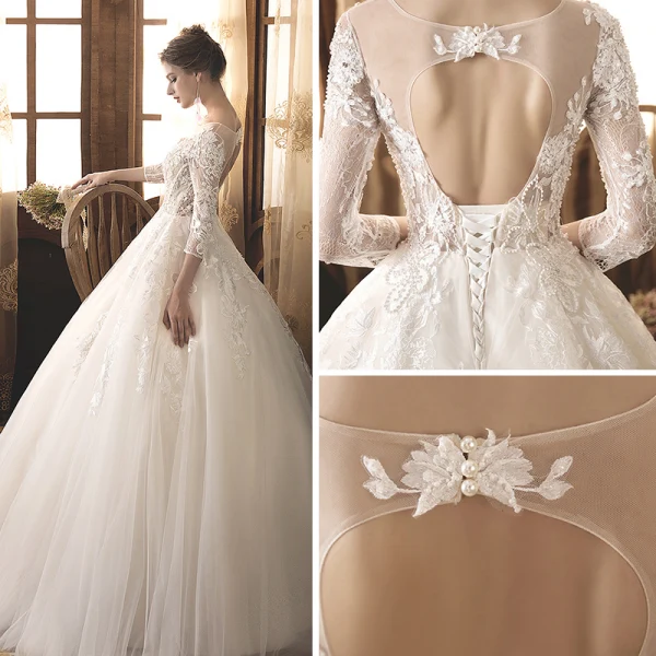 Illusion Champagne Transparentes Robe De Mariée 2019 Princesse Encolure Dégagée 3/4 Manches Dos Nu Appliques En Dentelle Perle Longue Volants