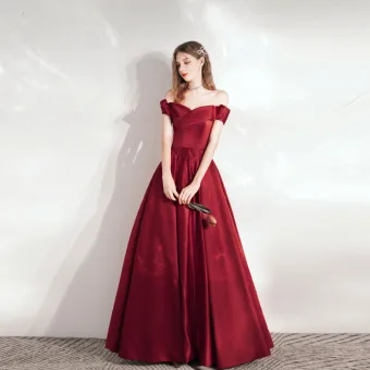 Simple Bordeaux Satin Dansant Robe De Bal 2021 Princesse De L 039 Épaule Manches Courtes Longue Volants Dos Nu Robe De Ceremonie