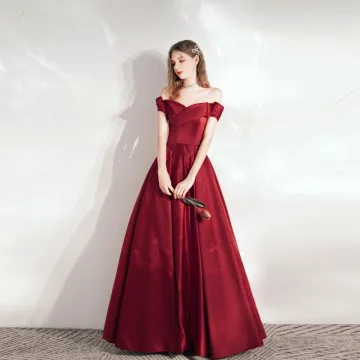 Simple Bordeaux Satin Dansant Robe De Bal 2021 Princesse De L 039 Épaule Manches Courtes Longue Volants Dos Nu Robe De Ceremonie