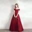Modest / Simple Burgundy Satin Dancing Prom Dresses 2021 A-Line / Princess Off-The-Shoulder Short Sleeve Floor-Length / Long Ruffle Backless Formal Dresses