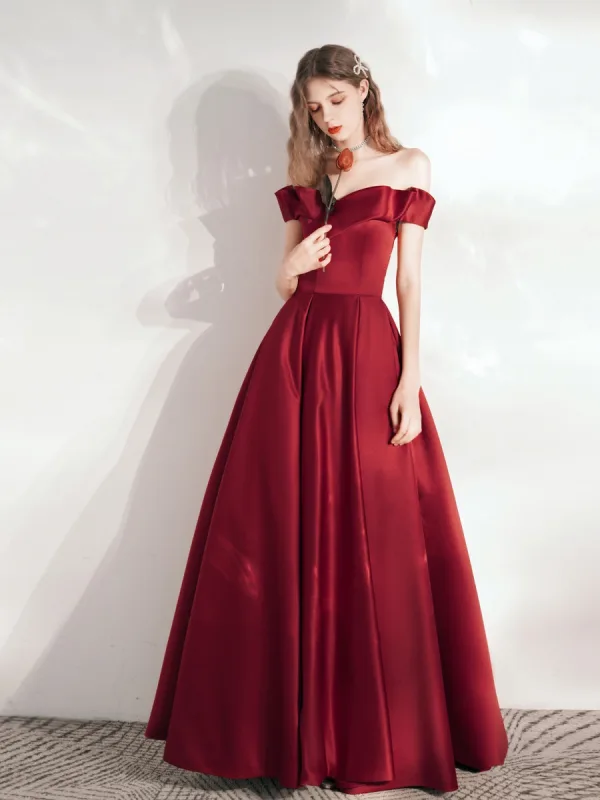 Modest / Simple Burgundy Satin Dancing Prom Dresses 2021 A-Line / Princess Off-The-Shoulder Short Sleeve Floor-Length / Long Ruffle Backless Formal Dresses