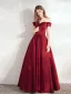Modest / Simple Burgundy Satin Dancing Prom Dresses 2021 A-Line / Princess Off-The-Shoulder Short Sleeve Floor-Length / Long Ruffle Backless Formal Dresses