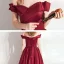 Modest / Simple Burgundy Satin Dancing Prom Dresses 2021 A-Line / Princess Off-The-Shoulder Short Sleeve Floor-Length / Long Ruffle Backless Formal Dresses
