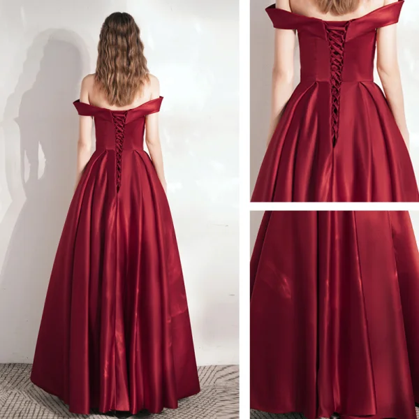 Modest / Simple Burgundy Satin Dancing Prom Dresses 2021 A-Line / Princess Off-The-Shoulder Short Sleeve Floor-Length / Long Ruffle Backless Formal Dresses