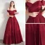 Modest / Simple Burgundy Satin Dancing Prom Dresses 2021 A-Line / Princess Off-The-Shoulder Short Sleeve Floor-Length / Long Ruffle Backless Formal Dresses