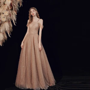 High End Brown Dancing Prom Dresses 2021 A Line Princess One Shoulder Spaghetti Straps Short Sleeve Beading Pearl Glitter Tulle Floor Length Long Ruffle Backless Formal Dresses