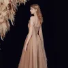 High-end Brown Dancing Prom Dresses 2021 A-Line / Princess One-Shoulder Spaghetti Straps Short Sleeve Beading Pearl Glitter Tulle Floor-Length / Long Ruffle Backless Formal Dresses