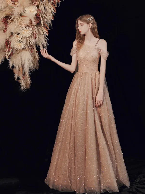 Haut de Gamme Marron Dansant Robe De Bal 2021 Princesse Une épaule Bretelles Spaghetti Manches Courtes Perlage Perle Glitter Tulle Longue Volants Dos Nu Robe De Ceremonie