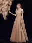 Haut de Gamme Marron Dansant Robe De Bal 2021 Princesse Une épaule Bretelles Spaghetti Manches Courtes Perlage Perle Glitter Tulle Longue Volants Dos Nu Robe De Ceremonie