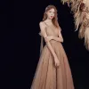 High-end Brown Dancing Prom Dresses 2021 A-Line / Princess One-Shoulder Spaghetti Straps Short Sleeve Beading Pearl Glitter Tulle Floor-Length / Long Ruffle Backless Formal Dresses