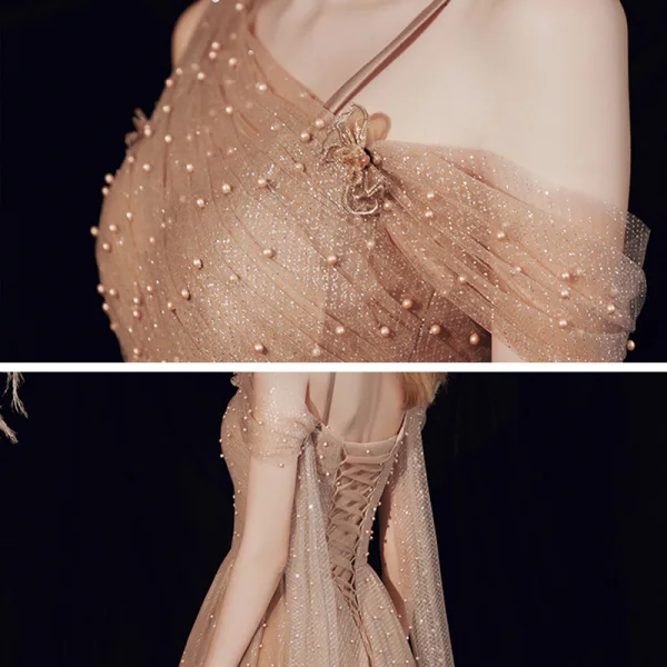 Haut de Gamme Marron Dansant Robe De Bal 2021 Princesse Une épaule Bretelles Spaghetti Manches Courtes Perlage Perle Glitter Tulle Longue Volants Dos Nu Robe De Ceremonie