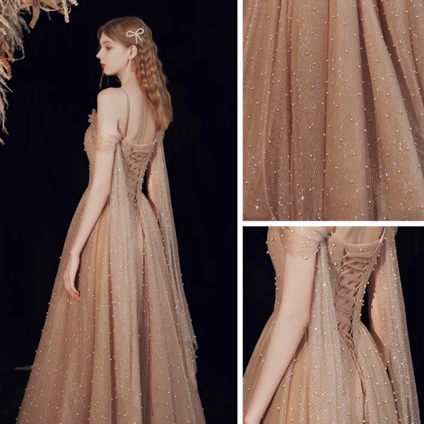 Haut de Gamme Marron Dansant Robe De Bal 2021 Princesse Une épaule Bretelles Spaghetti Manches Courtes Perlage Perle Glitter Tulle Longue Volants Dos Nu Robe De Ceremonie