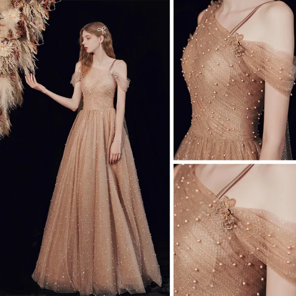 Haut de Gamme Marron Dansant Robe De Bal 2021 Princesse Une épaule Bretelles Spaghetti Manches Courtes Perlage Perle Glitter Tulle Longue Volants Dos Nu Robe De Ceremonie