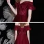 High-end Burgundy Dancing Prom Dresses 2021 A-Line / Princess Off-The-Shoulder Short Sleeve Beading Glitter Tulle Floor-Length / Long Ruffle Backless Formal Dresses