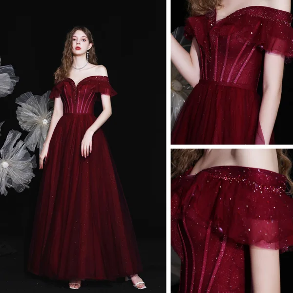 High-end Burgundy Dancing Prom Dresses 2021 A-Line / Princess Off-The-Shoulder Short Sleeve Beading Glitter Tulle Floor-Length / Long Ruffle Backless Formal Dresses