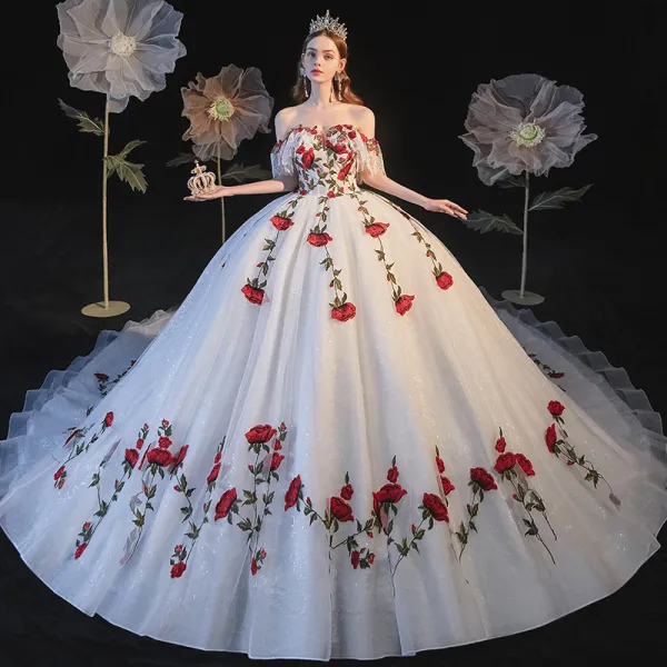 Flower Fairy White Bridal Wedding Dresses 2021 Ball Gown Off-The-Shoulder Short Sleeve Backless Rose Appliques Lace Glitter Tulle Cathedral Train Ruffle