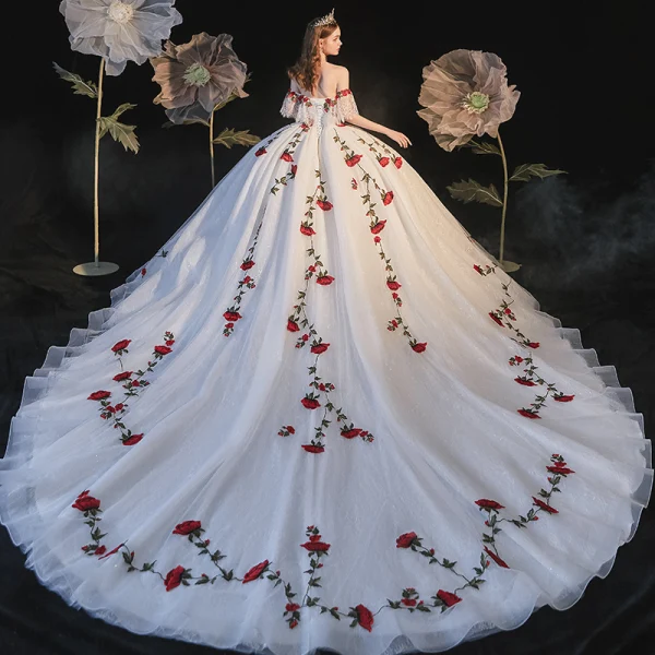 Fée Des Fleurs Blanche La Mariée Robe De Mariée 2021 Robe Boule De l'épaule Manches Courtes Dos Nu Rose Appliques En Dentelle Glitter Tulle Cathedral Train Volants