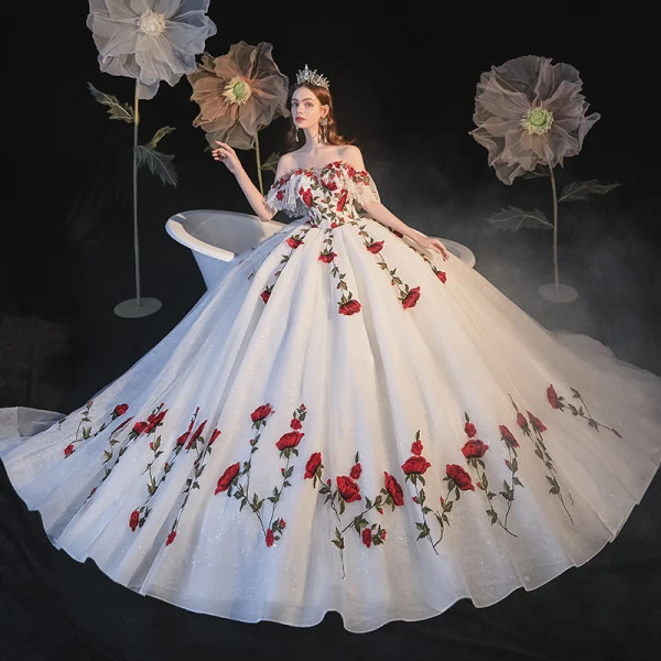 Flower Fairy White Bridal Wedding Dresses 2021 Ball Gown Off-The-Shoulder Short Sleeve Flower Fairy White Bridal Wedding Dresses 2021 Ball Gown Off-The-Shoulder Short Sleeve