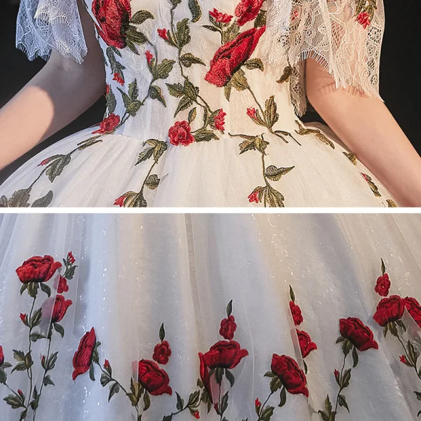 Fée Des Fleurs Blanche La Mariée Robe De Mariée 2021 Robe Boule De l'épaule Manches Courtes Dos Nu Rose Appliques En Dentelle Glitter Tulle Cathedral Train Volants