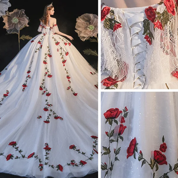 Flower Fairy White Bridal Wedding Dresses 2021 Ball Gown Off-The-Shoulder Short Sleeve