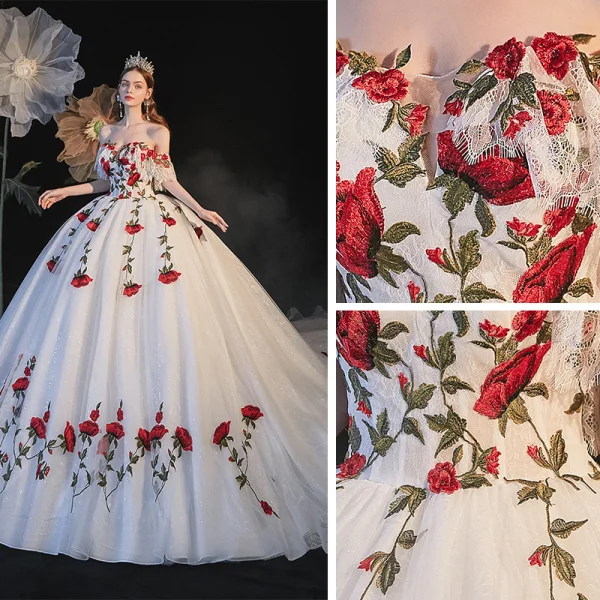 Fée Des Fleurs Blanche La Mariée Robe De Mariée 2021 Robe Boule De l'épaule Manches Courtes Dos Nu Rose Appliques En Dentelle Glitter Tulle Cathedral Train Volants