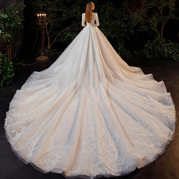 Vintage / Retro Ivory Bridal Wedding Dresses 2021 Ball Gown Square Neckline 3/4 Sleeve Backless Appliques Lace Beading Glitter Tulle Cathedral Train Ruffle