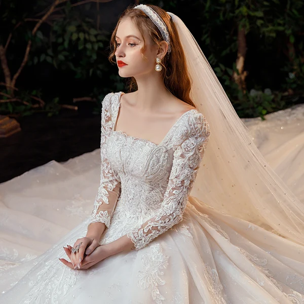 Vintage / Retro Ivory Bridal Wedding Dresses 2021 Ball Gown Square Neckline 3/4 Sleeve Backless Appliques Lace Beading Glitter Tulle Cathedral Train Ruffle