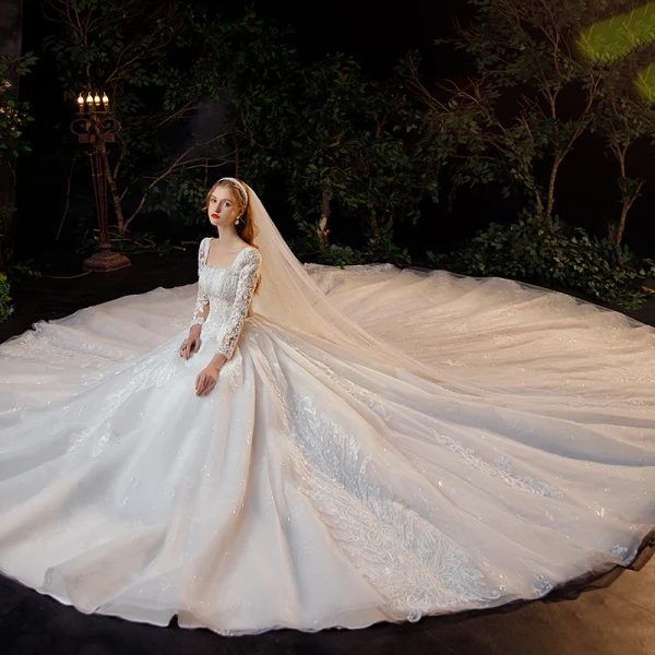 Vintage / Retro Ivory Bridal Wedding Dresses 2021 Ball Gown Square Neckline 3/4 Sleeve Backless Appliques Lace Beading Glitter Tulle Cathedral Train Ruffle