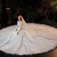 Vintage / Retro Ivory Bridal Wedding Dresses 2021 Ball Gown Square Neckline 3/4 Sleeve Backless Appliques Lace Beading Glitter Tulle Cathedral Train Ruffle