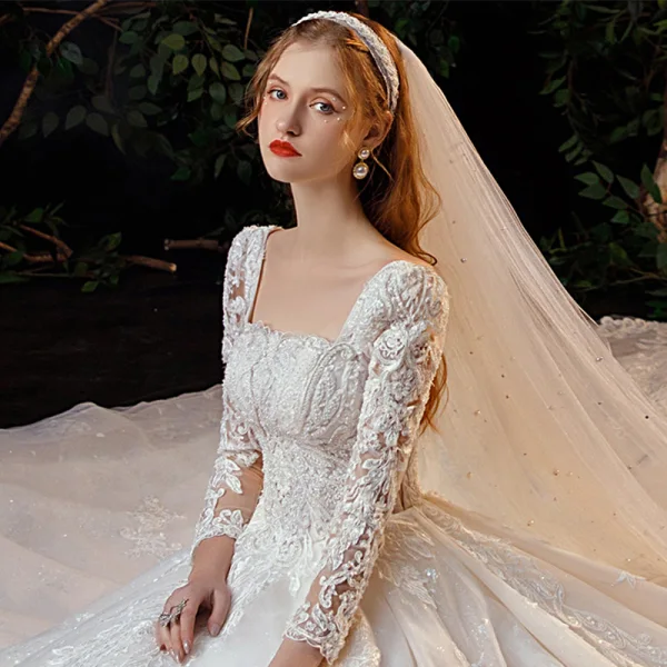 Vintage / Retro Ivory Bridal Wedding Dresses 2021 Ball Gown Square Neckline 3/4 Sleeve Backless Appliques Lace Beading Glitter Tulle Cathedral Train Ruffle
