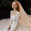 Vintage / Retro Ivory Bridal Wedding Dresses 2021 Ball Gown Square Neckline 3/4 Sleeve Backless Appliques Lace Beading Glitter Tulle Cathedral Train Ruffle