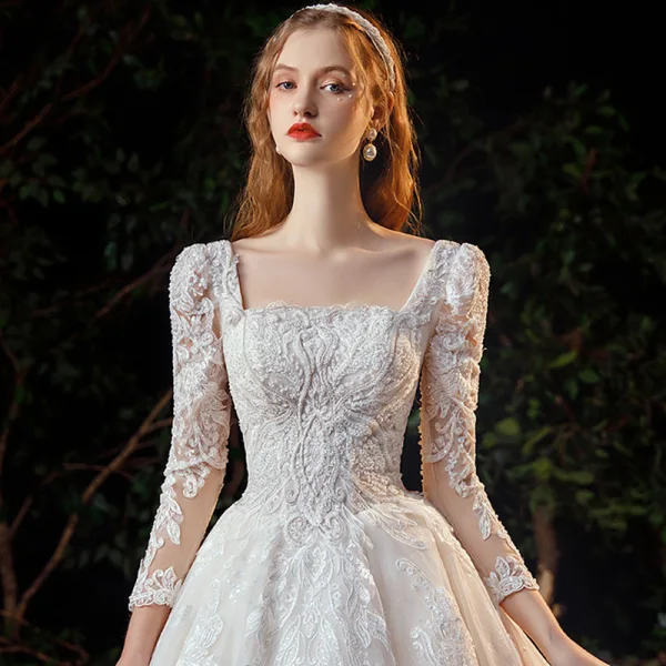Vintage / Retro Ivory Bridal Wedding Dresses 2021 Ball Gown Square Neckline 3/4 Sleeve Backless Appliques Lace Beading Glitter Tulle Cathedral Train Ruffle