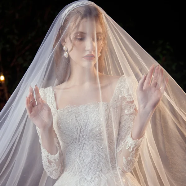 Vintage / Retro Ivory Bridal Wedding Dresses 2021 Ball Gown Square Neckline 3/4 Sleeve Backless Appliques Lace Beading Glitter Tulle Cathedral Train Ruffle