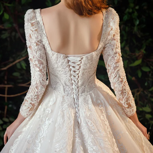 Vintage / Retro Ivory Bridal Wedding Dresses 2021 Ball Gown Square Neckline 3/4 Sleeve Backless Appliques Lace Beading Glitter Tulle Cathedral Train Ruffle