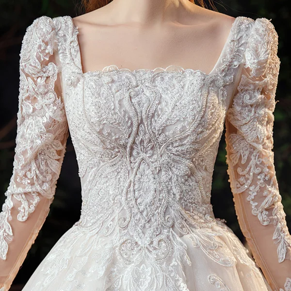 Vintage / Retro Ivory Bridal Wedding Dresses 2021 Ball Gown Square Neckline 3/4 Sleeve Backless Appliques Lace Beading Glitter Tulle Cathedral Train Ruffle