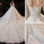 Vintage / Retro Ivory Bridal Wedding Dresses 2021 Ball Gown Square Neckline 3/4 Sleeve Backless Appliques Lace Beading Glitter Tulle Cathedral Train Ruffle