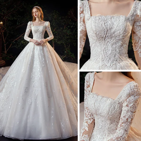 Vintage / Retro Ivory Bridal Wedding Dresses 2021 Ball Gown Square Neckline 3/4 Sleeve Backless Appliques Lace Beading Glitter Tulle Cathedral Train Ruffle