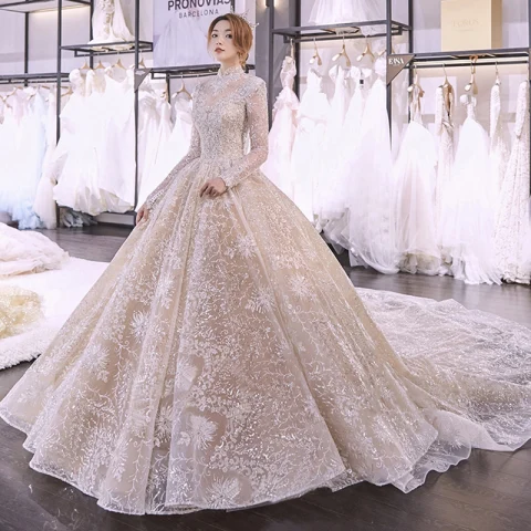Encantador Champán Transparentes Boda Vestidos De Novia 2021 Ball Gown Cuello Alto Manga Larga Sin Espalda Apliques Con Encaje Rebordear Lentejuelas Glitter Tul Cathedral Train Ruffle